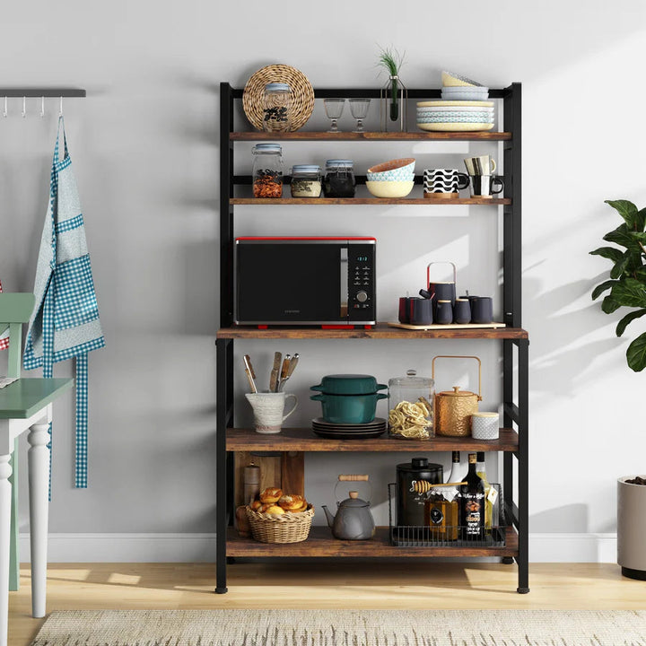 Industrial Kitchen Baker’s Rack with Shelves – Microwave Stand & Storage Organizer, Woodgrain & Metal Frame Yellow Crius