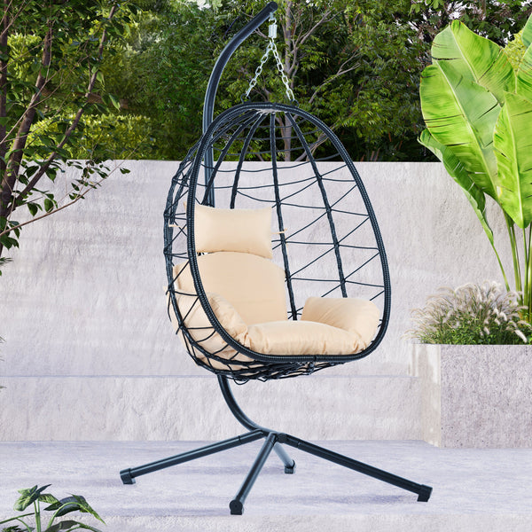 Egg Chair with Stand Indoor Outdoor Swing Chair Patio Wicker Hanging Egg Chair Hanging Basket Chair Hammock Chair with Stand for Bedroom Living Room Balcony GH Modern Living