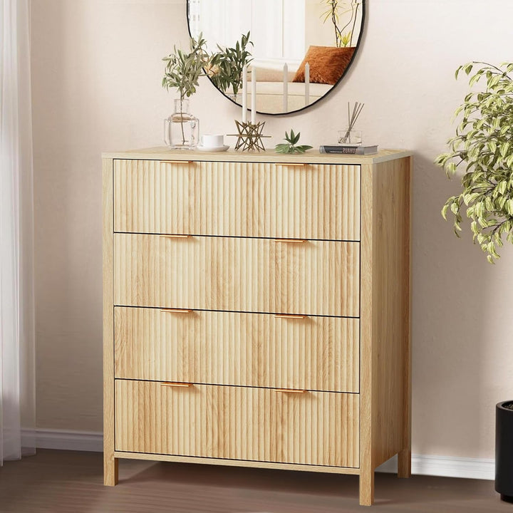 Modern 4 Drawer Wood Dresser – Fluted Wavefront Storage Cabinet with Solid Legs, MDF Chest for Bedroom & Living Room Peach Maple