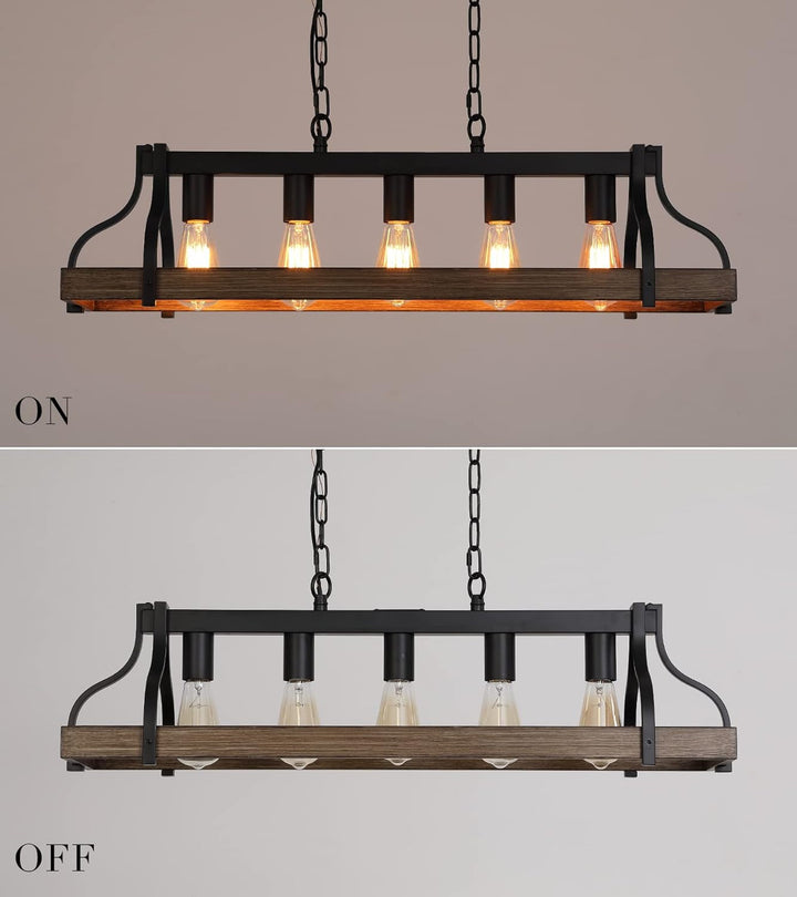 Farmhouse 5-Light Linear Chandelier for Kitchen Island – Rustic Wood Rectangle Ceiling Light Fixture, Adjustable Height, UL Listed, Dining Room Pendant Lighting Peach Maple