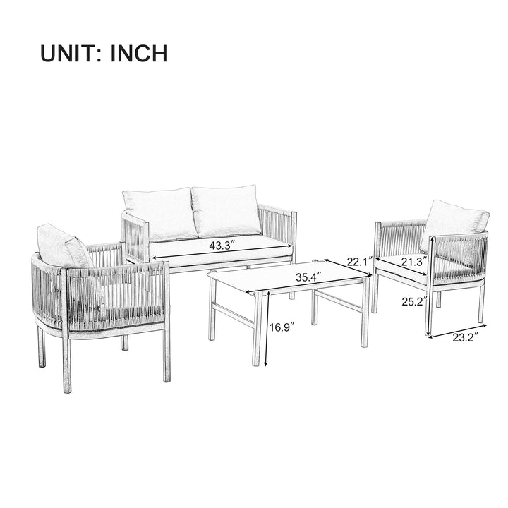 5-Piece Modular Outdoor Sofa Set with Tempered Glass Table – Beige Cushions, PE Wicker & Rust-Resistant Iron Frame Sangria Beech