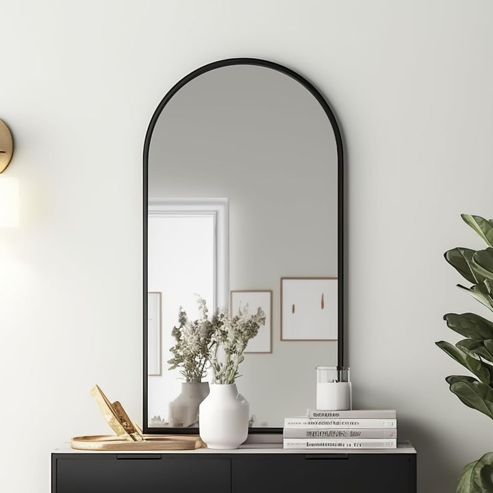 Modern Arched Bathroom Mirror 24"x42" – Shatterproof Copper-Free Silver Glass, Black or Gold Frame, Wall-Mounted or Leaning Peach Maple