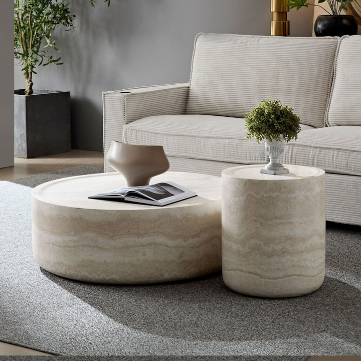 Set of 2 Faux Travertine Round Coffee Table & Side Table – Modern Textured Fiberglass Tables for Living Room Sangria Beech