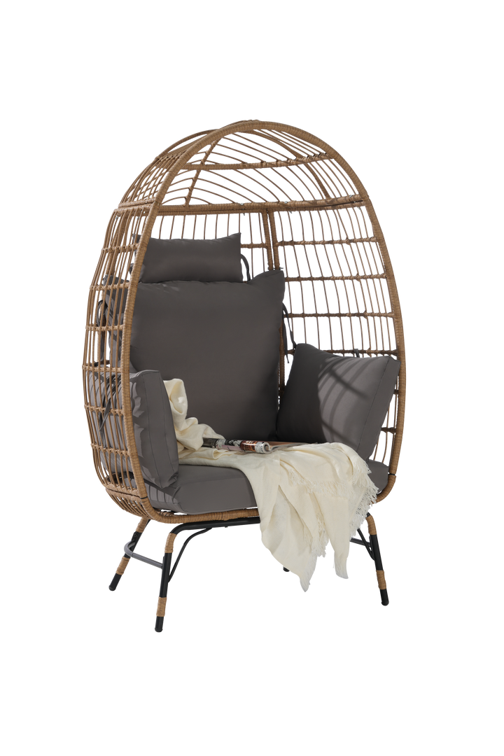 Outdoor Rattan Egg Chair with Cushion – Dark Gray All-Weather Wicker Patio Lounge Chair for Garden, Balcony, or Porch, 360 lbs Capacity Sangria Beech