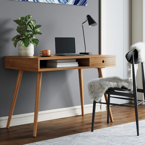 42" Walnut Mid-Century Modern Home Office Desk with Drawer & Cubby Storage – Parker Collection Peach Maple
