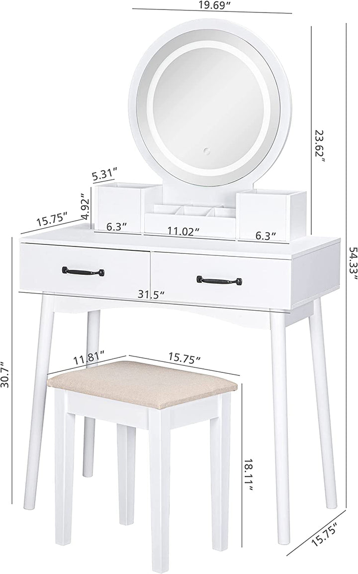 UTEX Makeup Vanity Set with Mirror and 3-Color Adjustable LED Lights – White Dressing Table with Stool, Drawers & Storage Boxes Peach Maple