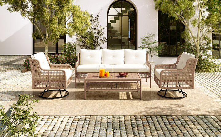 5-Piece Outdoor Patio Furniture Set with 3-Seat Sofa, 2 Swivel Chairs & Wood Coffee Table – PE Rattan Wicker, Beige Cushions, Weatherproof Design Sangria Beech