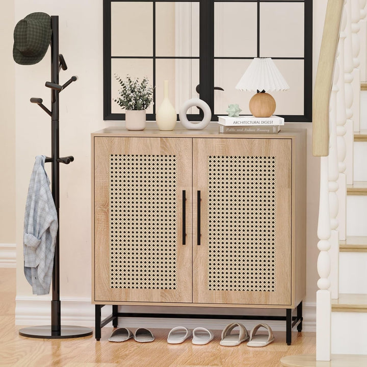 Rattan Door Storage Cabinet Handmade Buffet Sideboard Accent Peach Maple