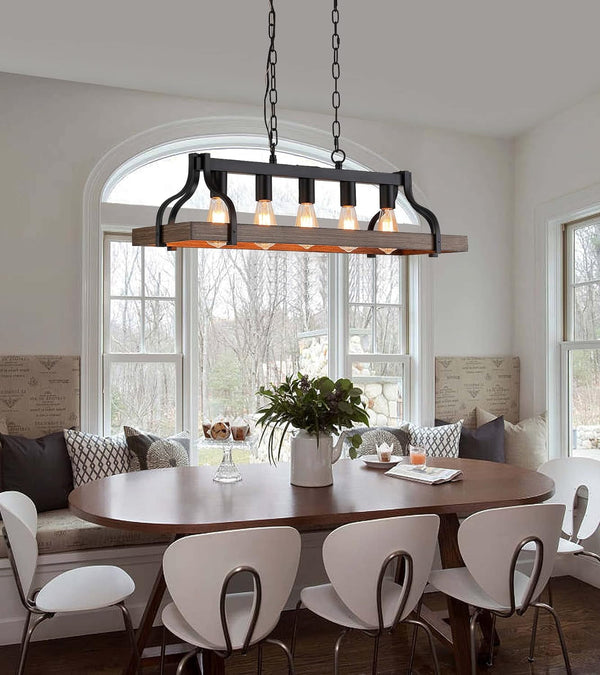 Farmhouse 5-Light Linear Chandelier for Kitchen Island – Rustic Wood Rectangle Ceiling Light Fixture, Adjustable Height, UL Listed, Dining Room Pendant Lighting Peach Maple