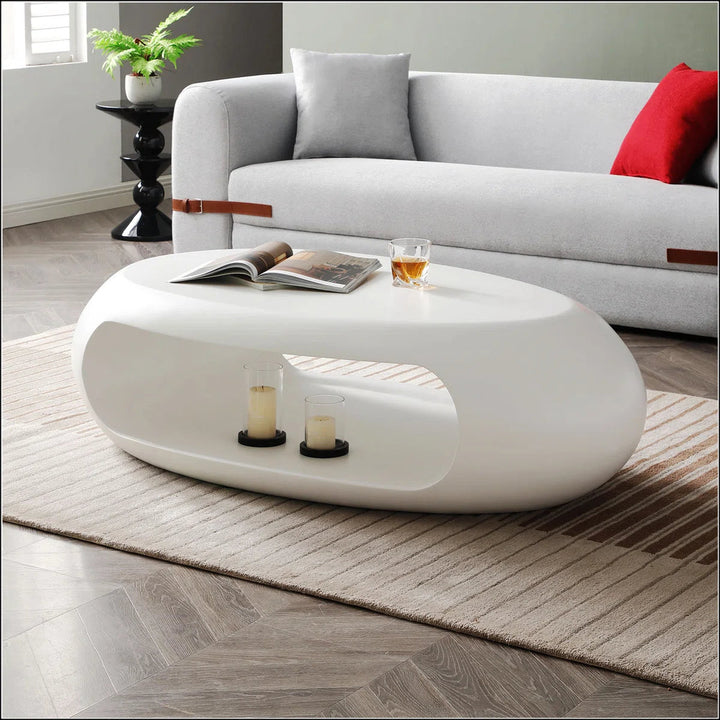 Modern White Fiberglass Oval Coffee Table – No Assembly, Waterproof, Stylish Living Room & Office Table Sangria Beech