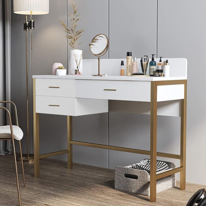 Modern White Vanity Desk with 3 Drawers & Gold Metal Legs – Compact Makeup Table or Computer Desk with Storage & Anti-Fall Fence for Bedroom or Home Office Peach Maple