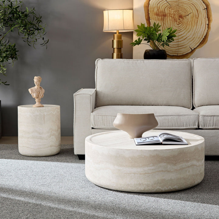 Set of 2 Faux Travertine Round Coffee Table & Side Table – Modern Textured Fiberglass Tables for Living Room Sangria Beech
