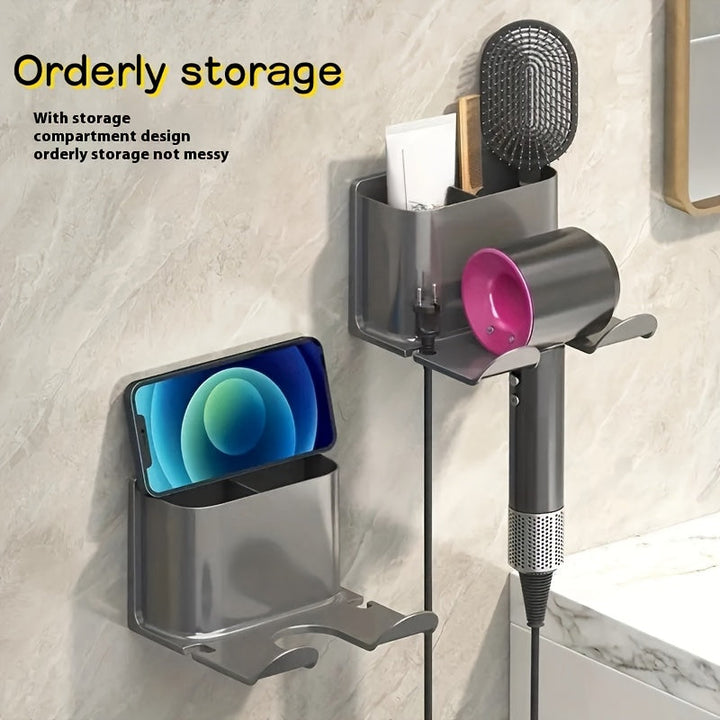 Sleek Wall-Mounted Bathroom Organizer Rack with Smartphone Holder – Space-Saving Plastic Hanging Shelf for Toiletries & Phone Champagne Apollo