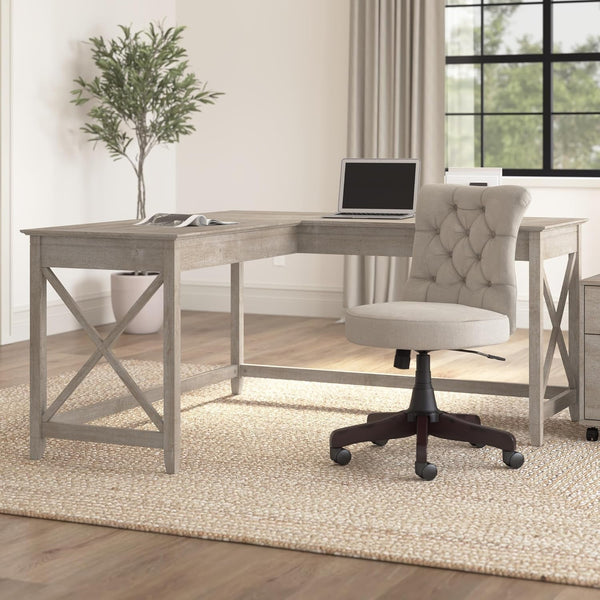 Bush Furniture Key West 60W L-Shaped Desk – Modern Farmhouse Corner Desk with X Accents, Coastal Style, Space-Saving Home Office Desk in Weathered Finish Peach Maple