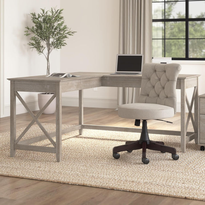 Bush Furniture Key West 60W L-Shaped Desk – Modern Farmhouse Corner Desk with X Accents, Coastal Style, Space-Saving Home Office Desk in Weathered Finish Peach Maple