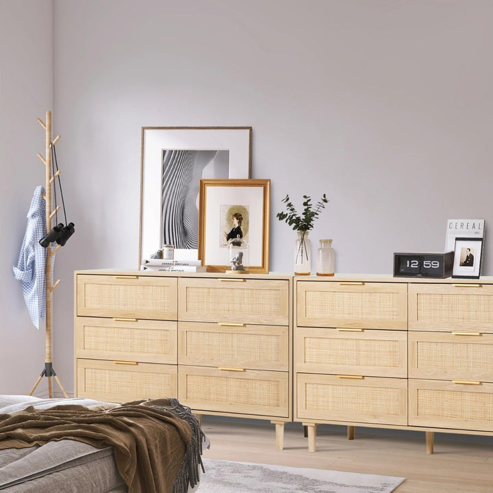 Natural Rattan 6 Drawer Dresser – Stylish MDF Wood Storage with Durable Construction Peach Maple