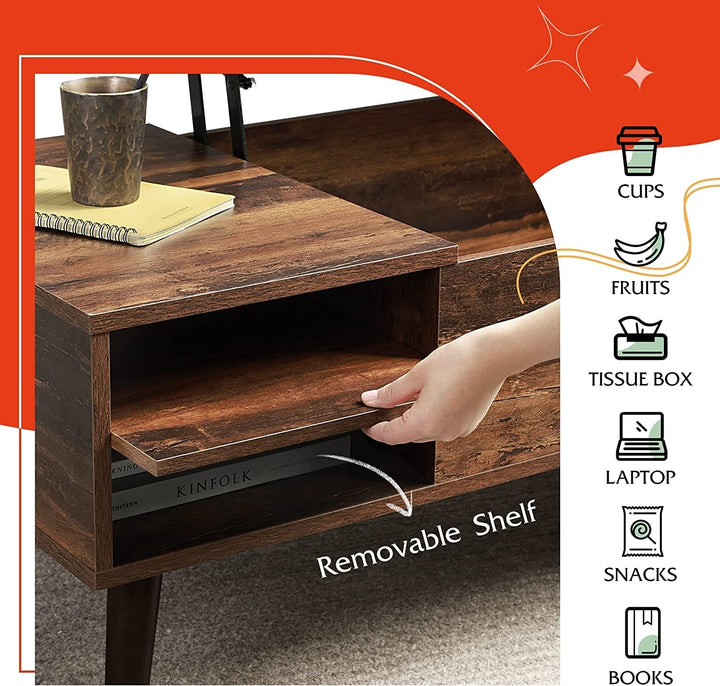Modern Lift-Top Coffee Table with Hidden Storage & Removable Shelf – Rustic Wood Finish, 39.4" Center Table for Living Room Peach Maple