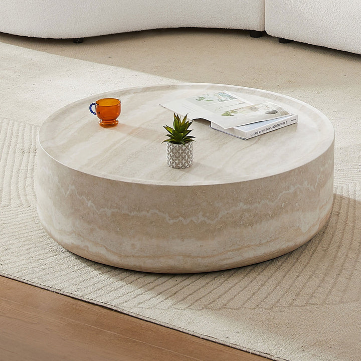Modern Round Faux Travertine Coffee Table – 31.5" Fiberglass Center Table for Living Room, No Assembly Needed Sangria Beech