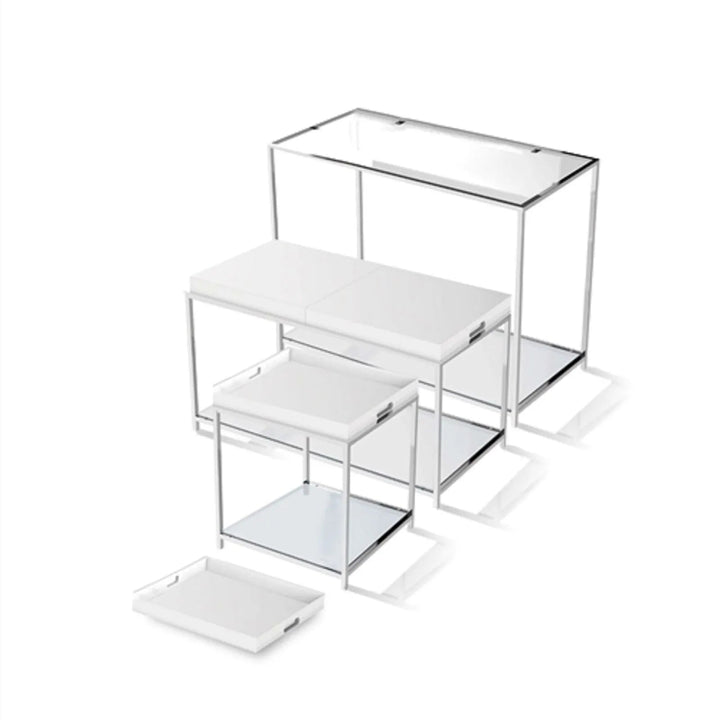 Modern Chrome Metal Coffee Table with Tempered Glass Shelves and 2 Removable White Trays – 18"x34.6", Multi-Functional Accent Table Yellow Crius