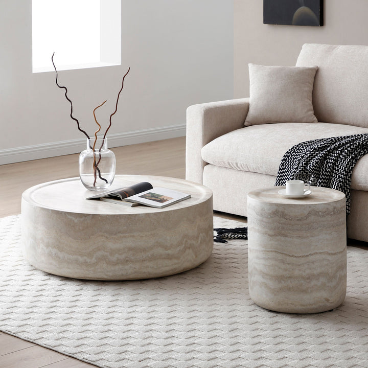Set of 2 Faux Travertine Round Coffee Table & Side Table – Modern Textured Fiberglass Tables for Living Room Sangria Beech