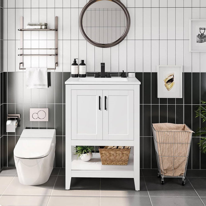 Modern White Wood Bathroom Vanity with White Ceramic Sink & Storage Cabinet – 34” Tall, Durable MDF Yellow Crius