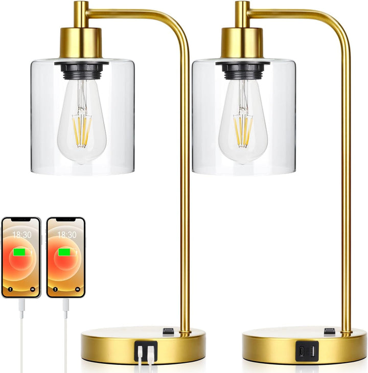 Set of 2 Touch Control Table Lamps with USB Ports – 3-Way Dimmable Industrial Bedside Lamps with LED Bulbs & Clear Glass Shade Peach Maple
