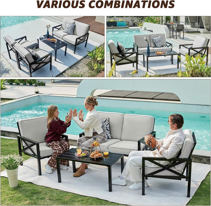 Stylish 4-Piece Outdoor Metal Sofa Set with Water-Resistant Cushions – Durable Patio Sectional Furniture for Garden & Poolside Peach Maple
