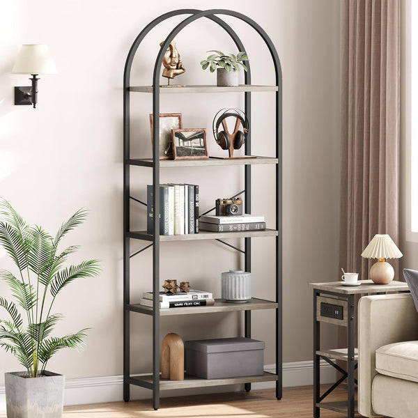 IDEALHOUSE 5-Tier Tall Bookshelf with Wood Grain MDF & Metal Frame – Industrial Grey Bookcase with Gold Accents, X-Shaped Support, Adjustable Feet, and Anti-Tip Safety Straps (23.6" W x 70.9" H) Peach Maple