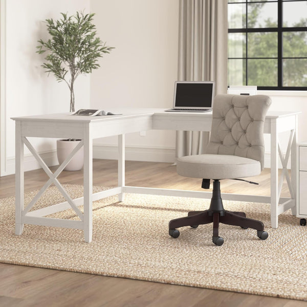 Bush Furniture Key West 60W L-Shaped Desk – Farmhouse Style Corner Desk for Home Office, Weathered Finish Peach Maple