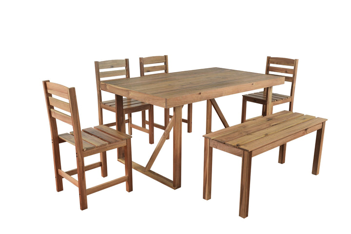 6-Piece Outdoor Acacia Wood Dining Set – Includes Table, Bench & 4 Chairs – Modern Patio Furniture for Garden, Balcony, or Deck (Brown) Sangria Beech