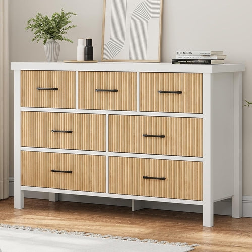 Jocoevol 7-Drawer White Wood Dresser with Fluted Panels – Modern Storage Chest for Bedroom, Living Room, Entryway Peach Maple