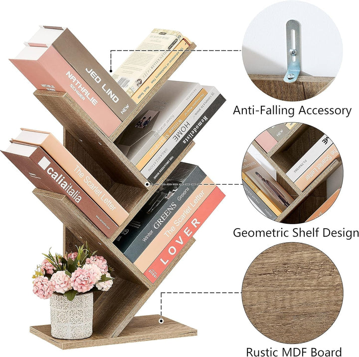 Rustic Tree Bookshelf – 4-Tier Small Space Bookcase with Wood Shelves & Metal Frame, Corner Storage Rack for Living Room, Bedroom, or Office Peach Maple