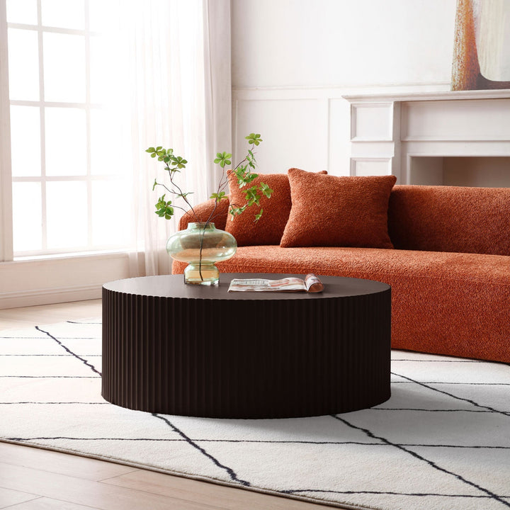 35" Handcrafted Round MDF Coffee Table – Modern Low Profile Center Table for Living Room, No Assembly Required Sangria Beech