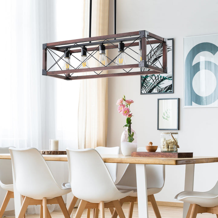 5-Light Farmhouse Chandelier – Red Wood and Black Iron Kitchen Island Pendant Light, Adjustable Height, E26 Base, Rustic Industrial Ceiling Fixture for Dining Room, Living Room, Entryway Sangria Beech