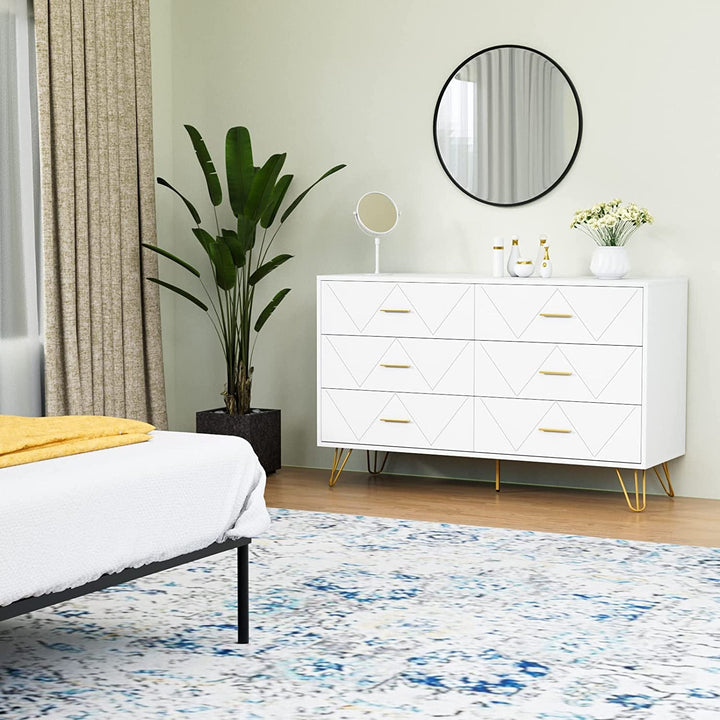 Modern White 6-Drawer Dresser with Gold Handles – Spacious, Sturdy & Stylish Bedroom Storage Chest Peach Maple