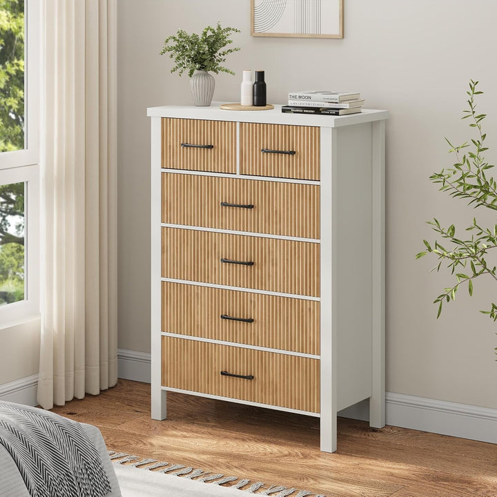 White Fluted 6-Drawer Dresser – Modern Tall Chest with Wavy Panels & Black Handles for Bedroom, Living Room, or Entryway Peach Maple