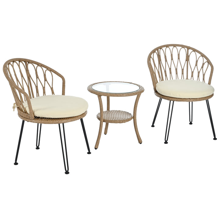 3-Piece Outdoor Bistro Set with PE Rattan Chairs & Tempered Glass Table – Beige Cushions, Lightweight Patio Conversation Set Sangria Beech