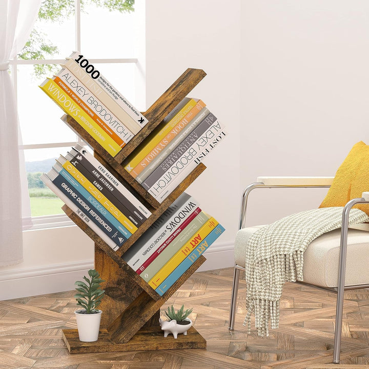 Hoctieon 4-Tier Tree Bookshelf – Small Space Corner Bookcase with Rustic Wood & Metal Frame, Compact Vertical Storage Shelf with Anti-Tip Kit, Freestanding Organizer for Living Room, Bedroom, Office Peach Maple