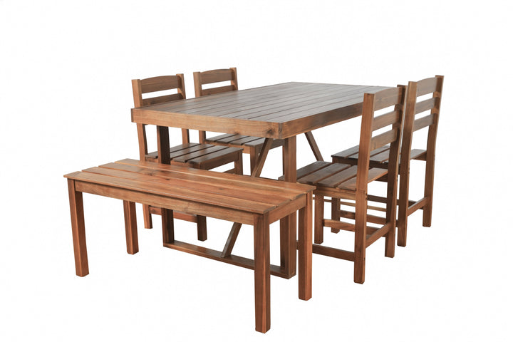 6-Piece Outdoor Acacia Wood Dining Set – Includes Table, Bench & 4 Chairs – Modern Patio Furniture for Garden, Balcony, or Deck (Brown) Sangria Beech