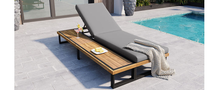 Adjustable Outdoor Chaise Lounge Chair with Cushion & Side Table – Acacia Wood Frame, 5-Position Recliner for Patio, Poolside, or Garden Sangria Beech