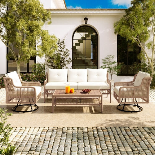 5-Piece Outdoor Patio Furniture Set with 3-Seat Sofa, 2 Swivel Chairs & Wood Coffee Table – PE Rattan Wicker, Beige Cushions, Weatherproof Design Sangria Beech