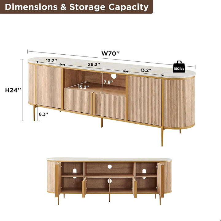 Luxury 70" Fluted TV Stand, Modern Chic Entertainment Center Peach Maple
