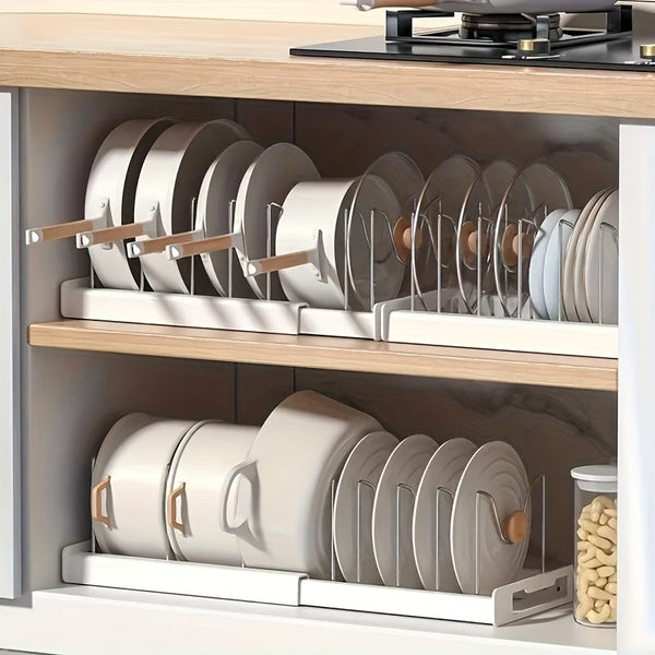 Retractable Pot Rack – Adjustable Pull-Out Kitchen Storage Organizer for Pots, Pans & Lids, Space-Saving Cabinet Shelf Champagne Apollo