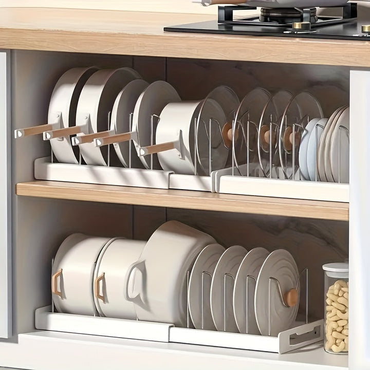 Retractable Pot Rack – Adjustable Pull-Out Kitchen Storage Organizer for Pots, Pans & Lids, Space-Saving Cabinet Shelf Champagne Apollo