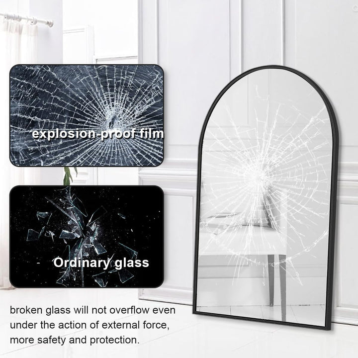 Modern Arched Bathroom Mirror 24"x42" – Shatterproof Copper-Free Silver Glass, Black or Gold Frame, Wall-Mounted or Leaning Peach Maple