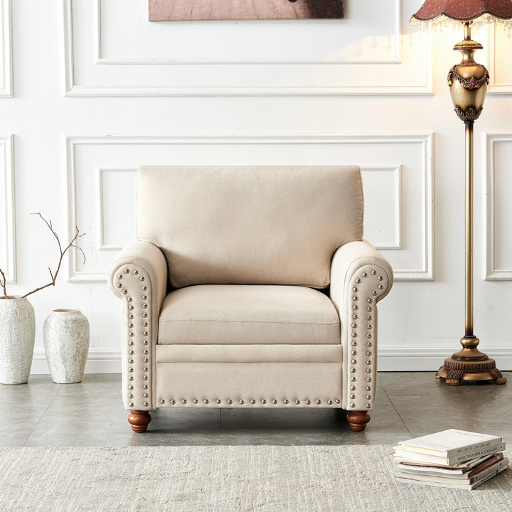 Beige Upholstered Accent Chair with Nailhead Trim – Solid Wood Frame, Thick Cushions, and Rounded Arms Sangria Beech