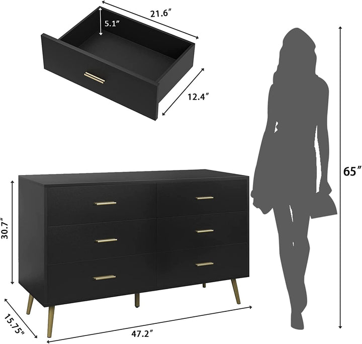 Modern Black 6-Drawer Dresser with Matte Finish – Spacious Bedroom Storage Chest with Metal Handles Peach Maple
