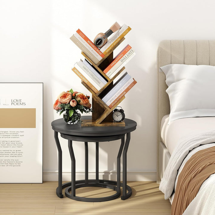 Hoctieon 4-Tier Tree Bookshelf – Small Space Corner Bookcase with Rustic Wood & Metal Frame, Compact Vertical Storage Shelf with Anti-Tip Kit, Freestanding Organizer for Living Room, Bedroom, Office Peach Maple