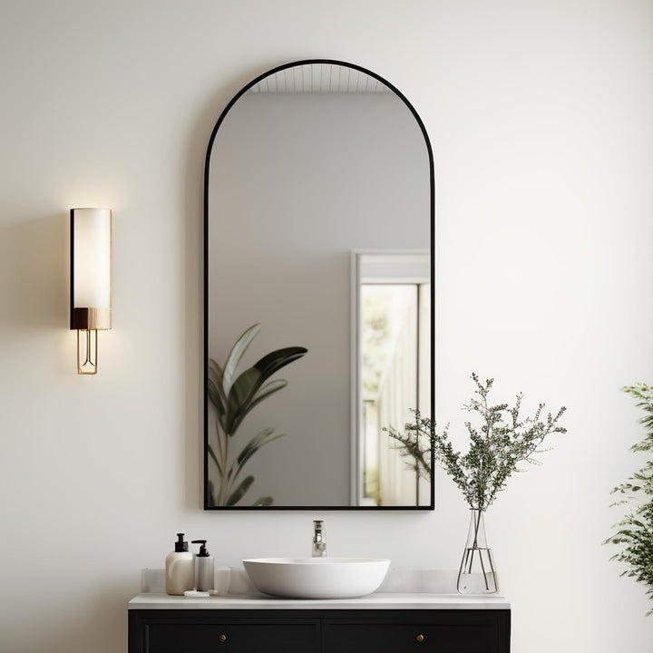 Modern Arched Bathroom Mirror 24"x42" – Shatterproof Copper-Free Silver Glass, Black or Gold Frame, Wall-Mounted or Leaning Peach Maple