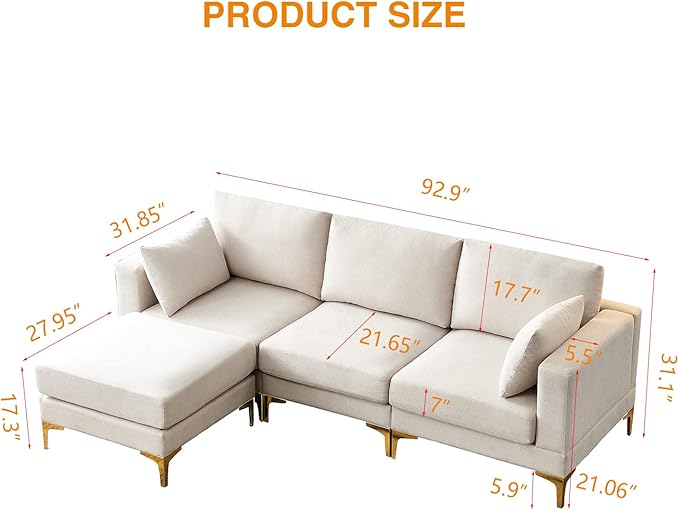 Beige L-Shaped Sectional Sofa with Ottoman – Gold Metal Legs, High-Density Foam & Removable Covers, Modern Fabric Couch for Living Room Sangria Beech